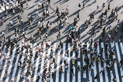 Aerial view of busy city crosswalk